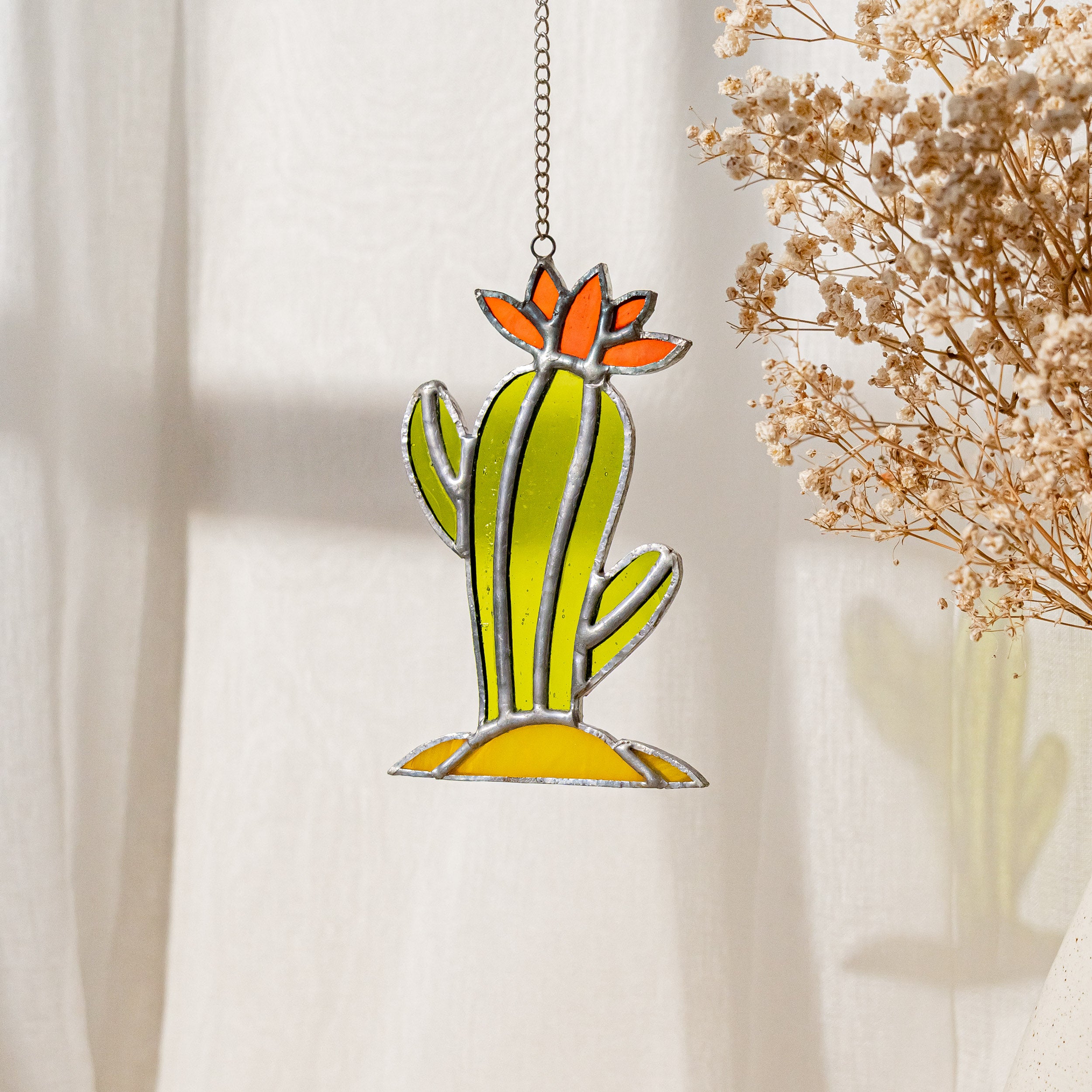 Vibrant Stained Glass Cactus for Boho-Style Walls and Windows