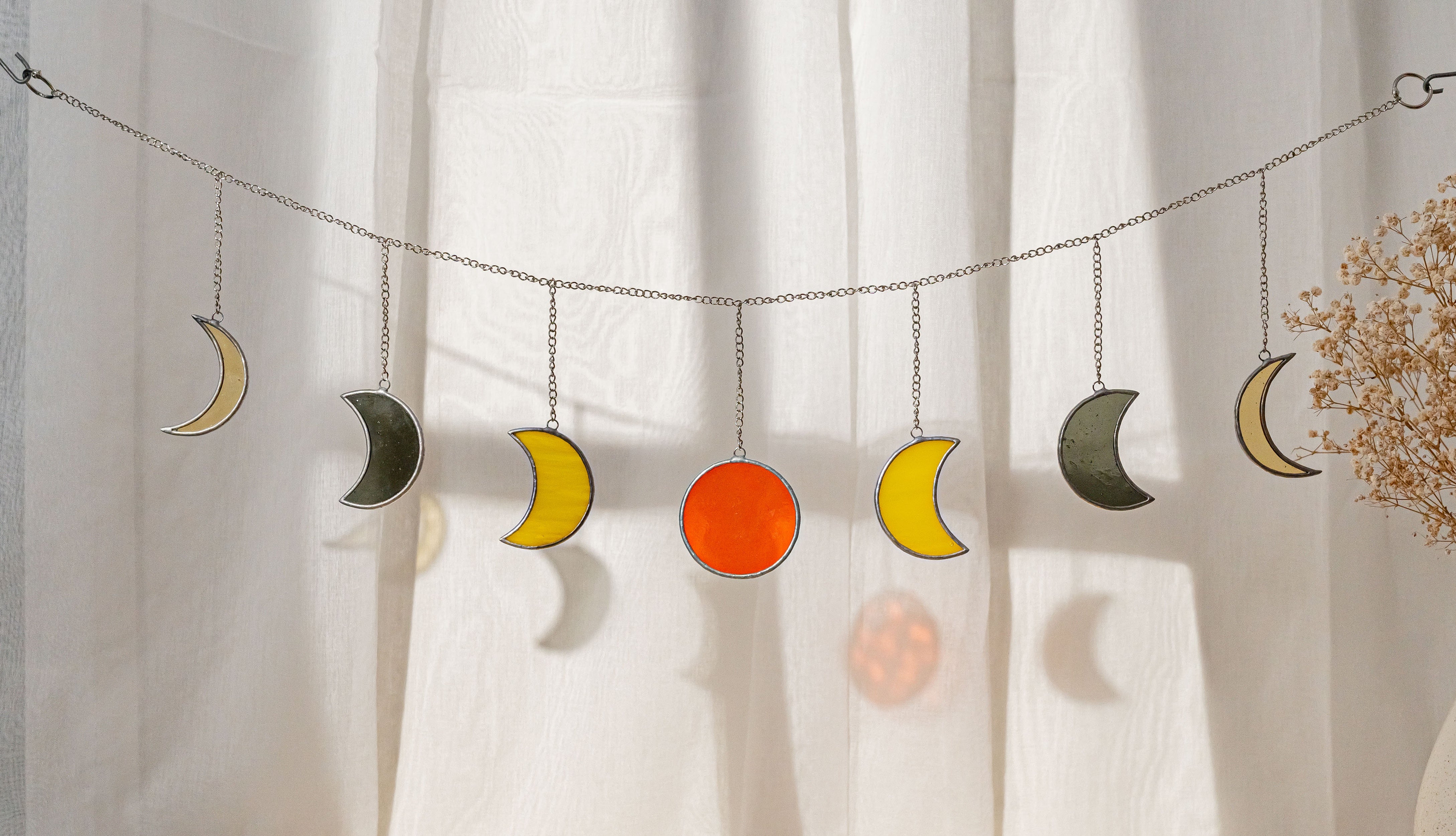 Boho Stained Glass Moon Phase Garland for Wall Decor