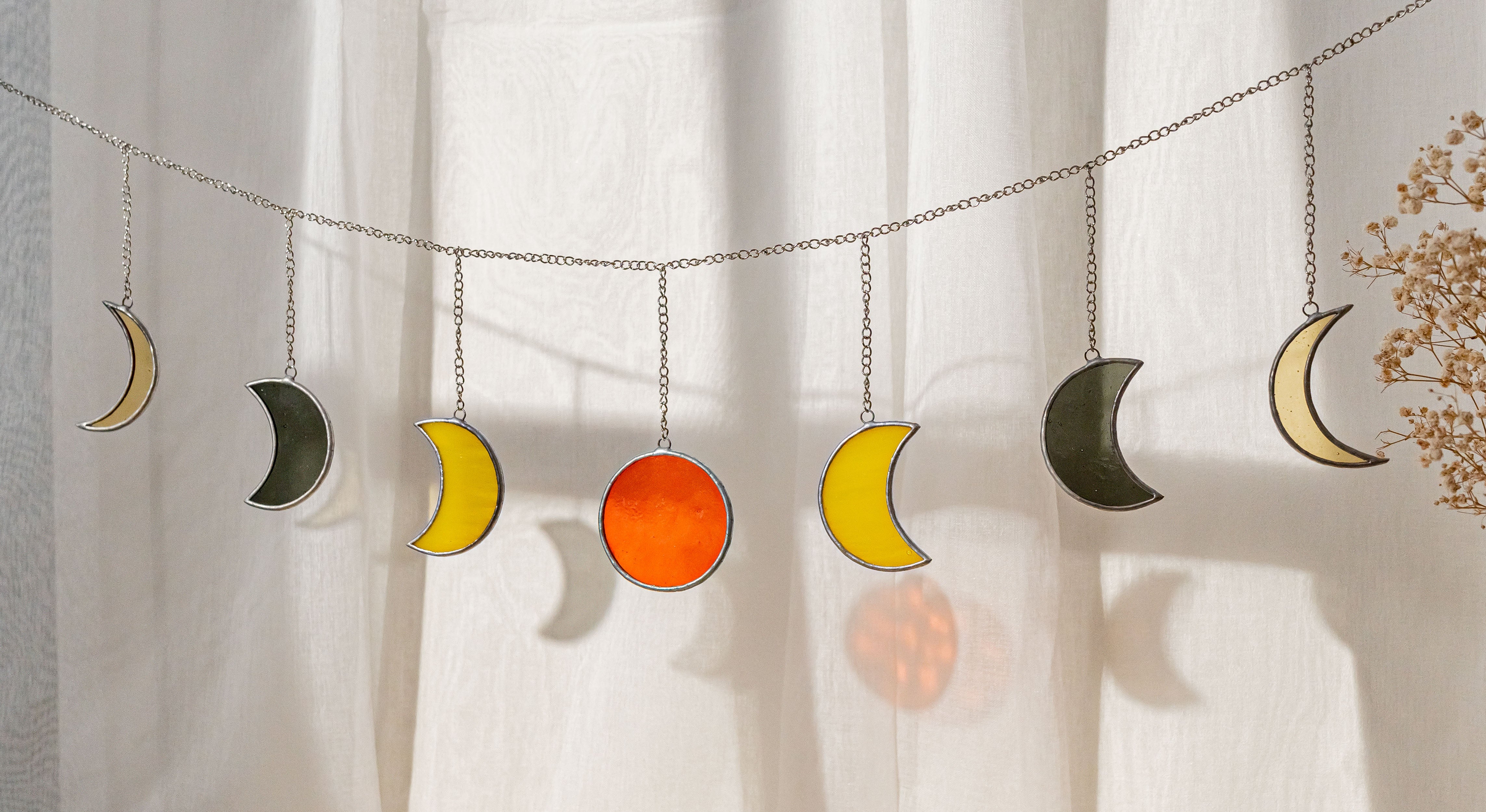 Boho Moon Phase Stained Glass Garland for Wall Decor