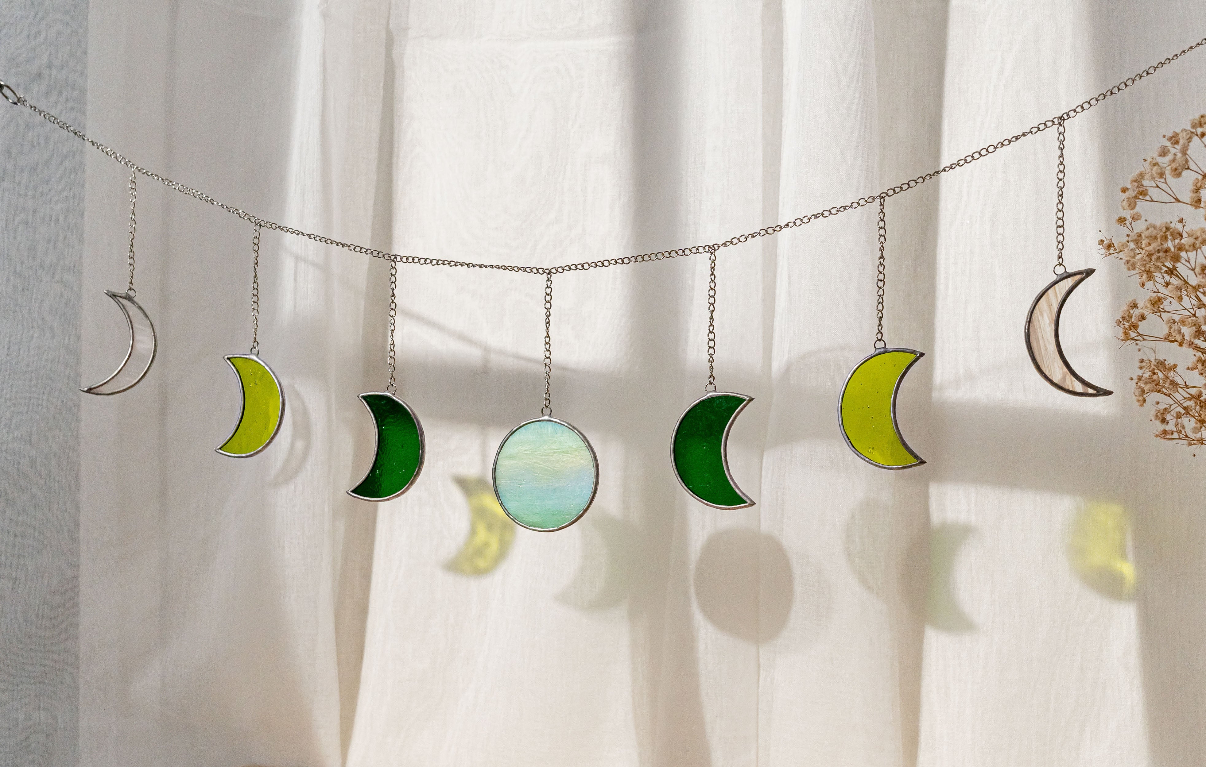 Boho Moon Phase Stained Glass Garland for Wall Decor