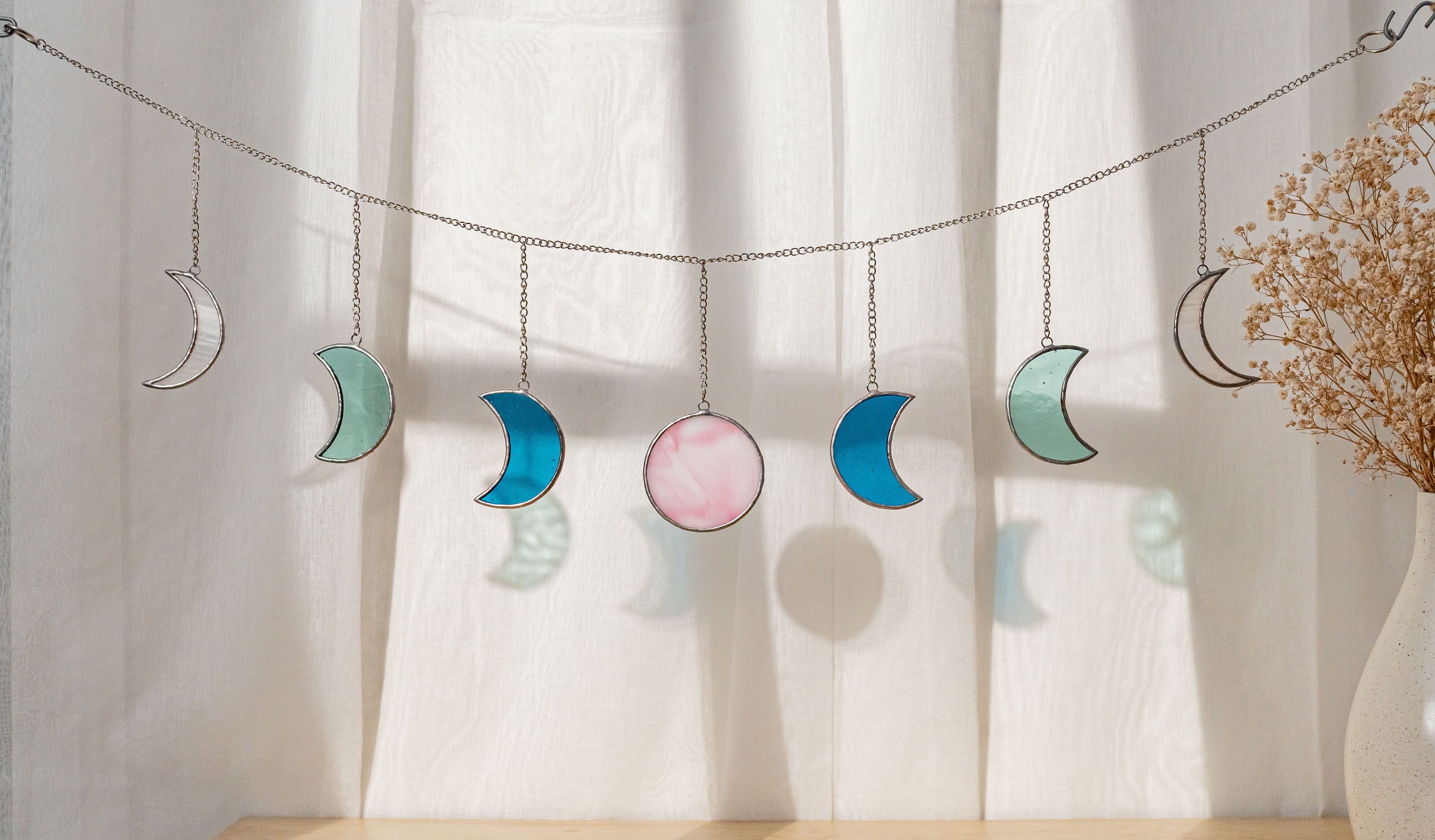 Boho Moon Phase Stained Glass Garland for Wall Decor