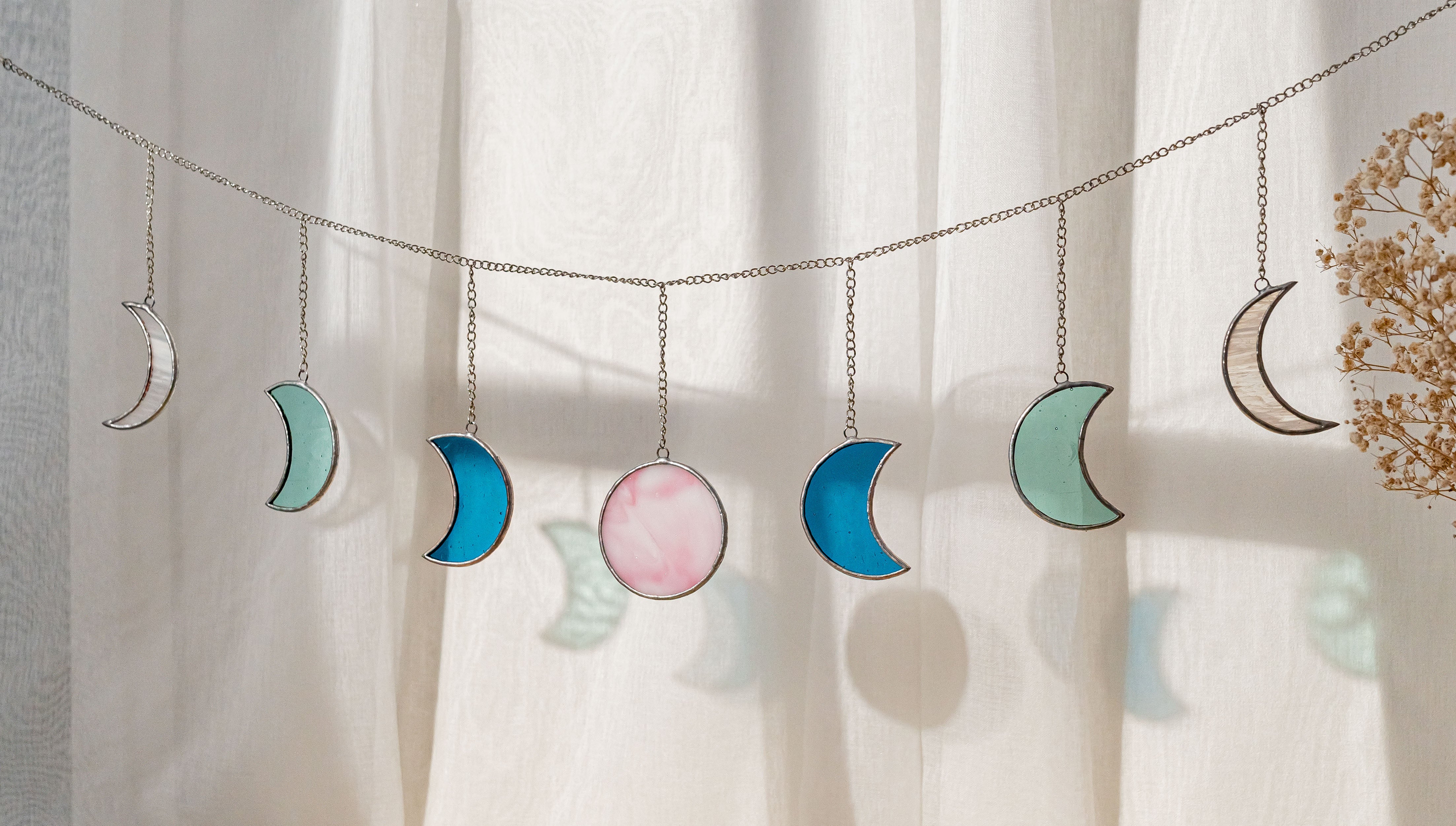 Boho Moon Phase Stained Glass Garland for Wall Decor