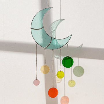 Stained Glass Moon Wind Chime, Whimsical wall ornament and art F55