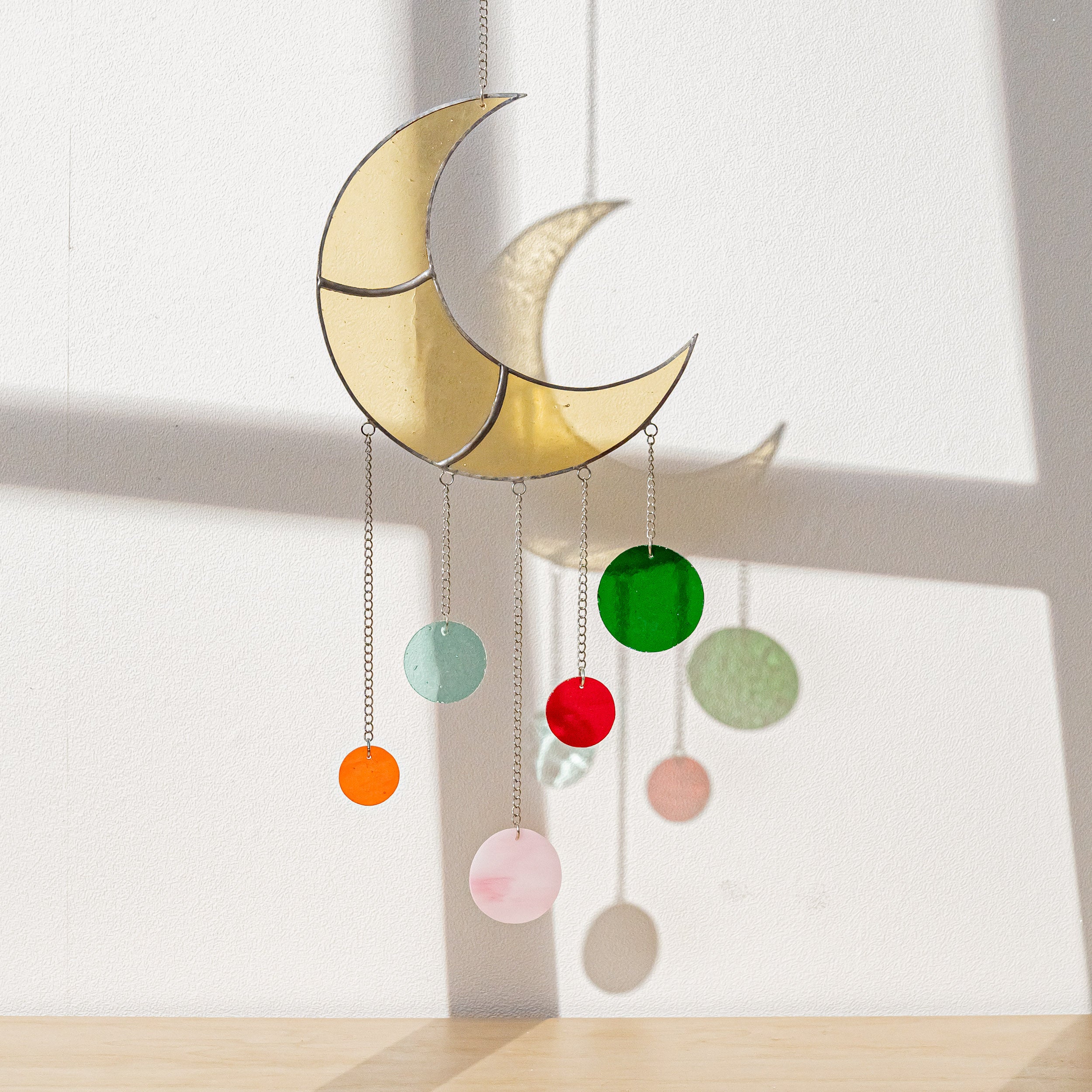 Stained Glass Moon Wind Chime, Boho wall decor and art F55