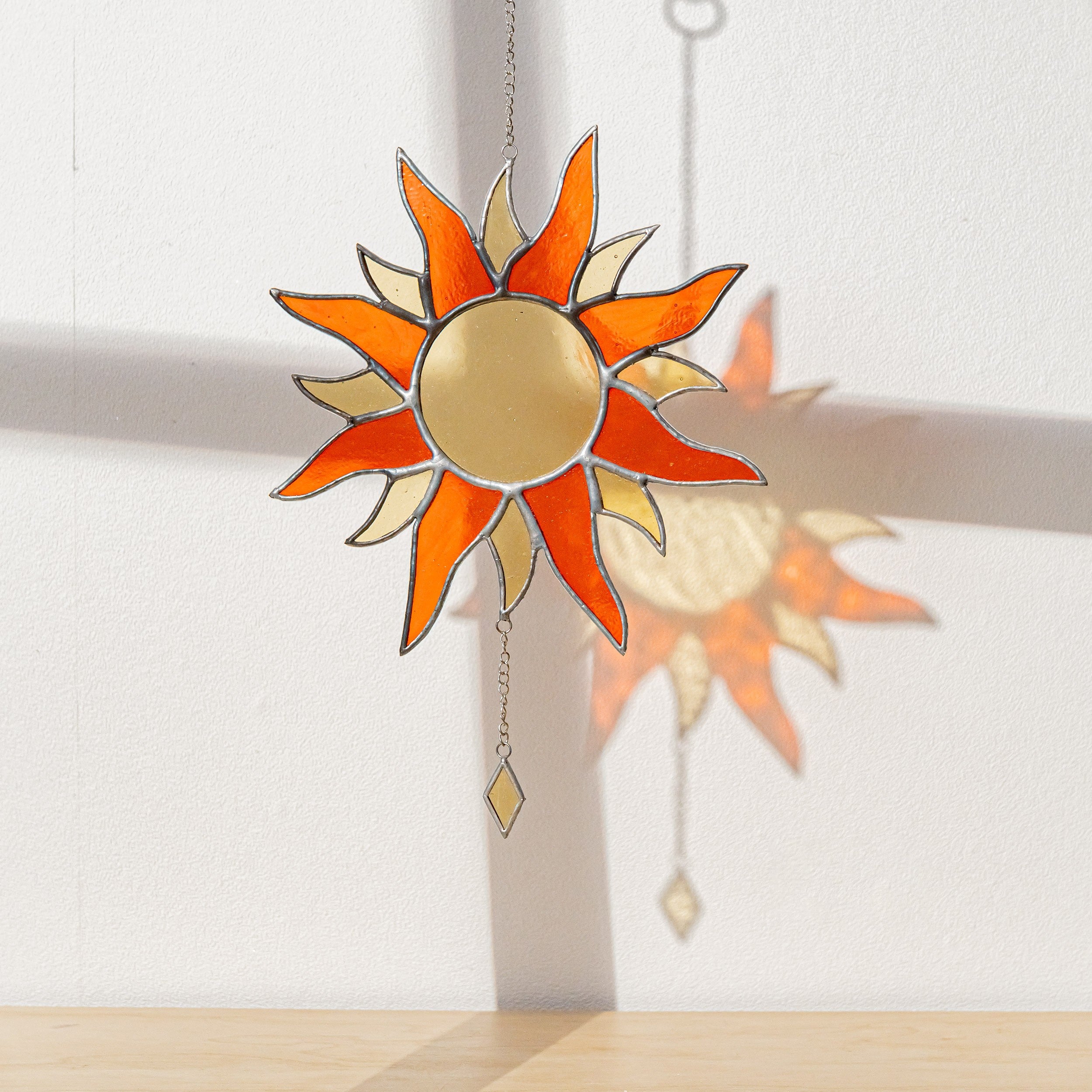 Radiant Sun Stained Glass Art for Boho & Mid Century Modern Spaces