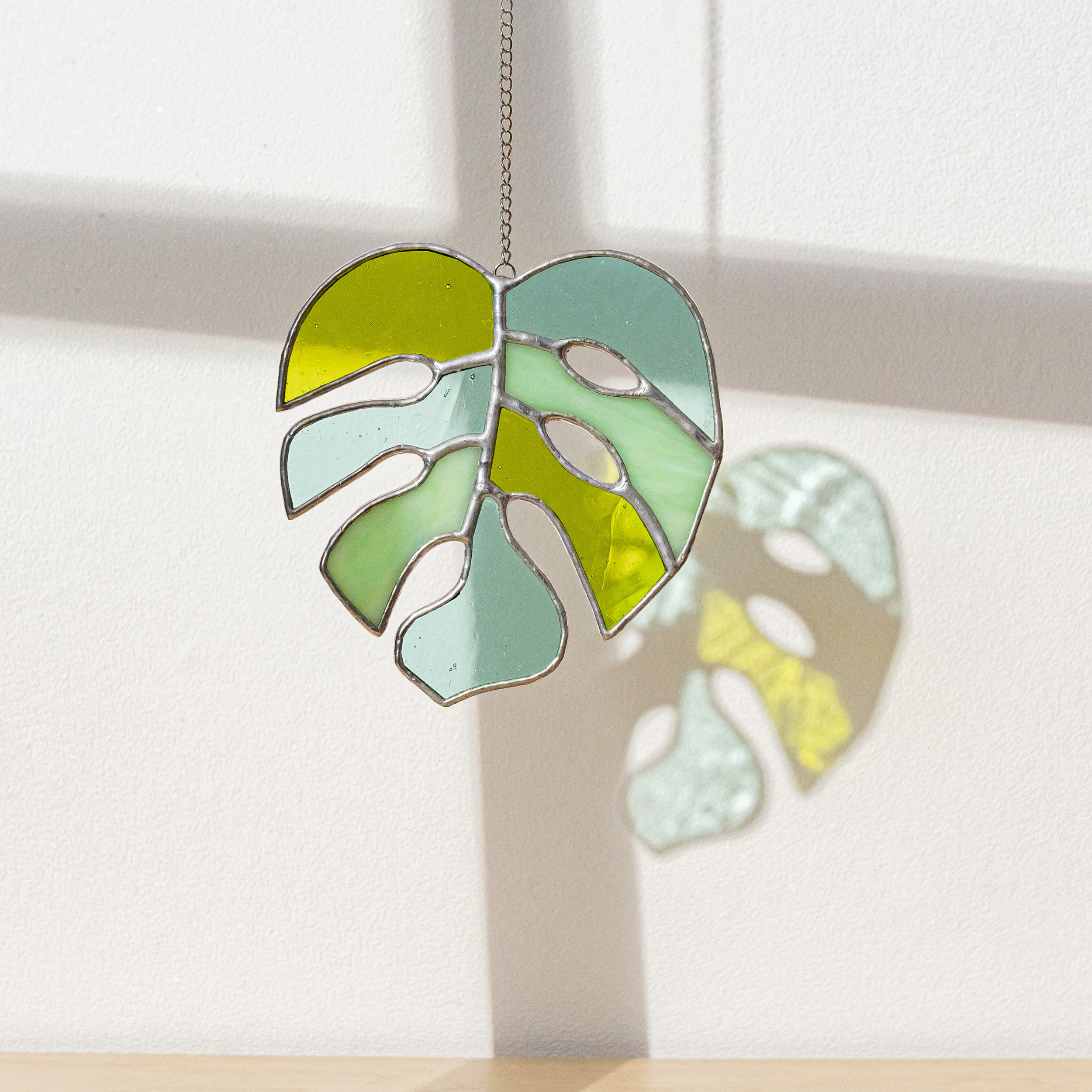 Tropical Monstera Leaf Stained Glass Art for Boho and Coastal Spaces