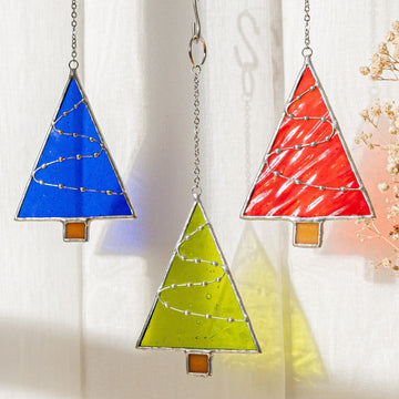 Glass Tree Suncatcher, Christmas Decor for Retro Holidays F91