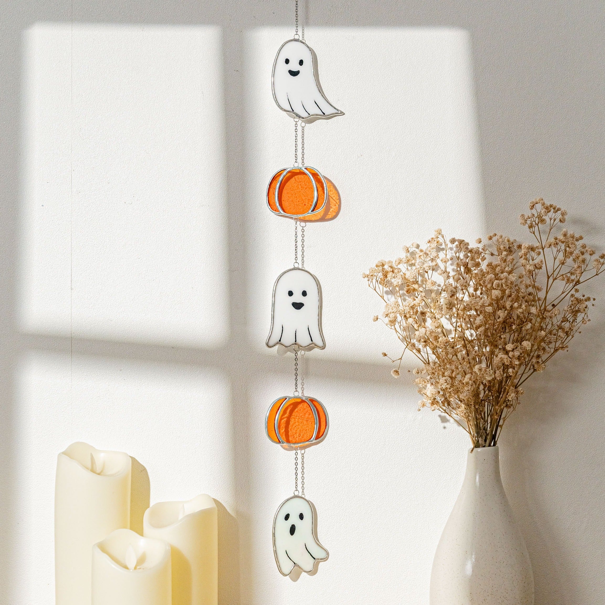 Halloween Ghost Pumpkin Stained Glass for decorations, and Q15