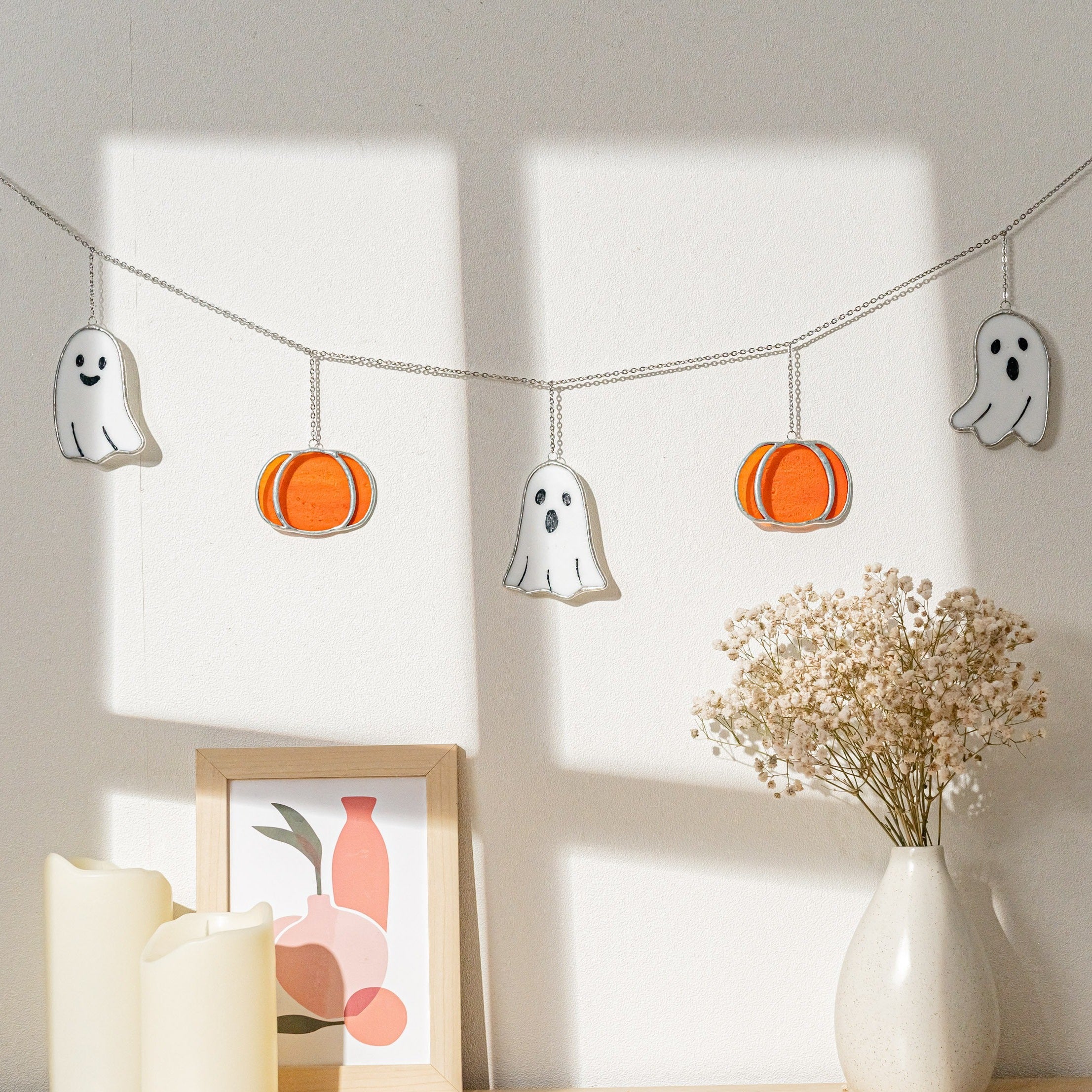 Halloween Ghost Pumpkin Stained Glass Garland, Halloween garland Q14