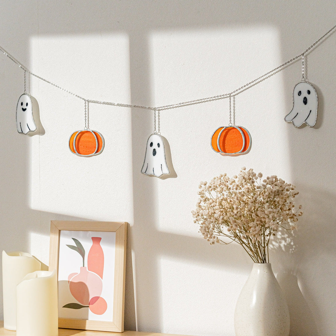 Halloween Ghost Pumpkin Stained Glass Garland, Halloween garland Q14