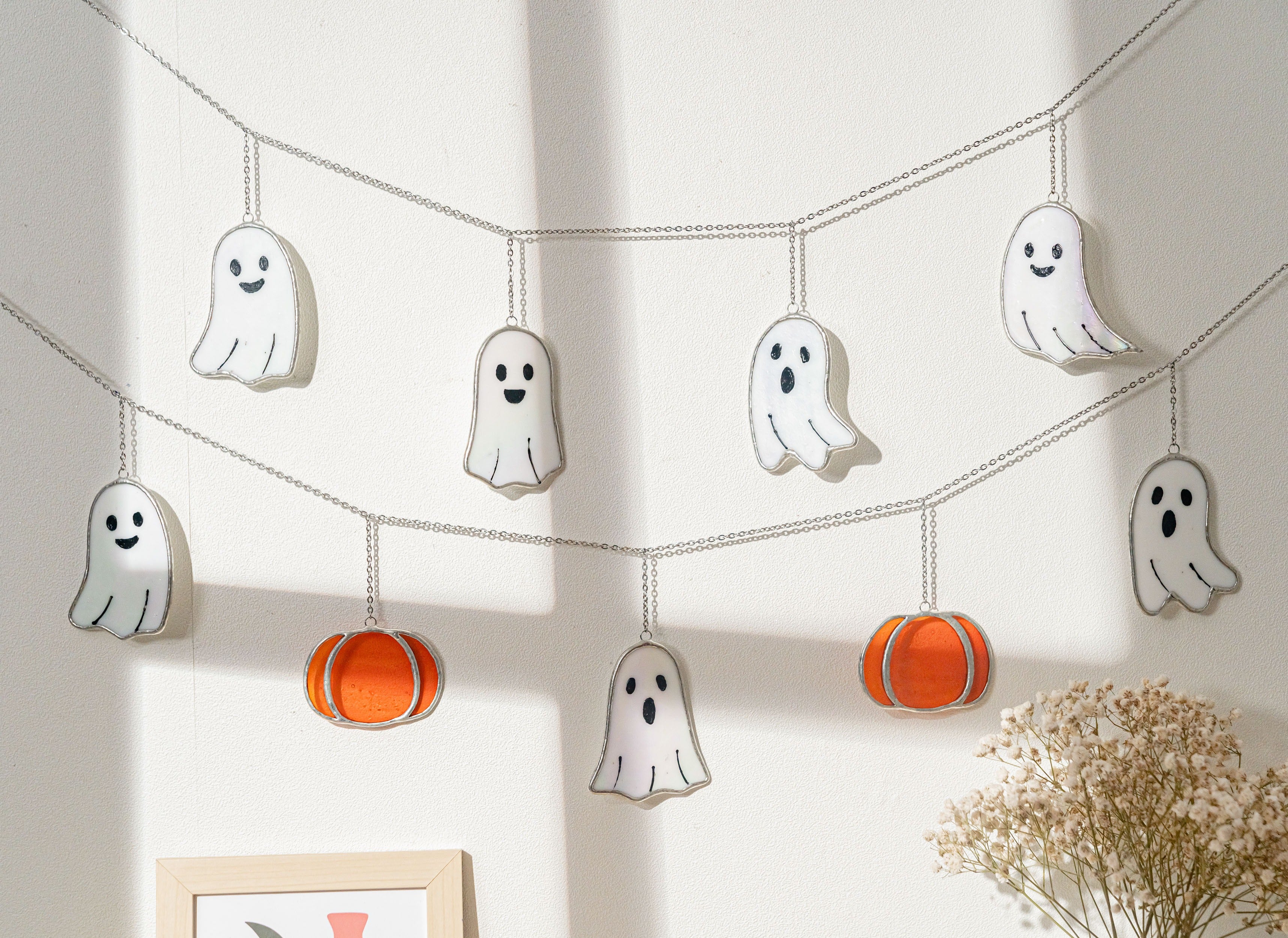 Halloween Ghost Pumpkin Stained Glass Garland, Rustic glass, art Q14