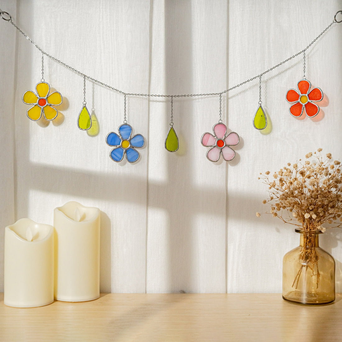 Stained Glass Flower Garland For Colorful Window Decor