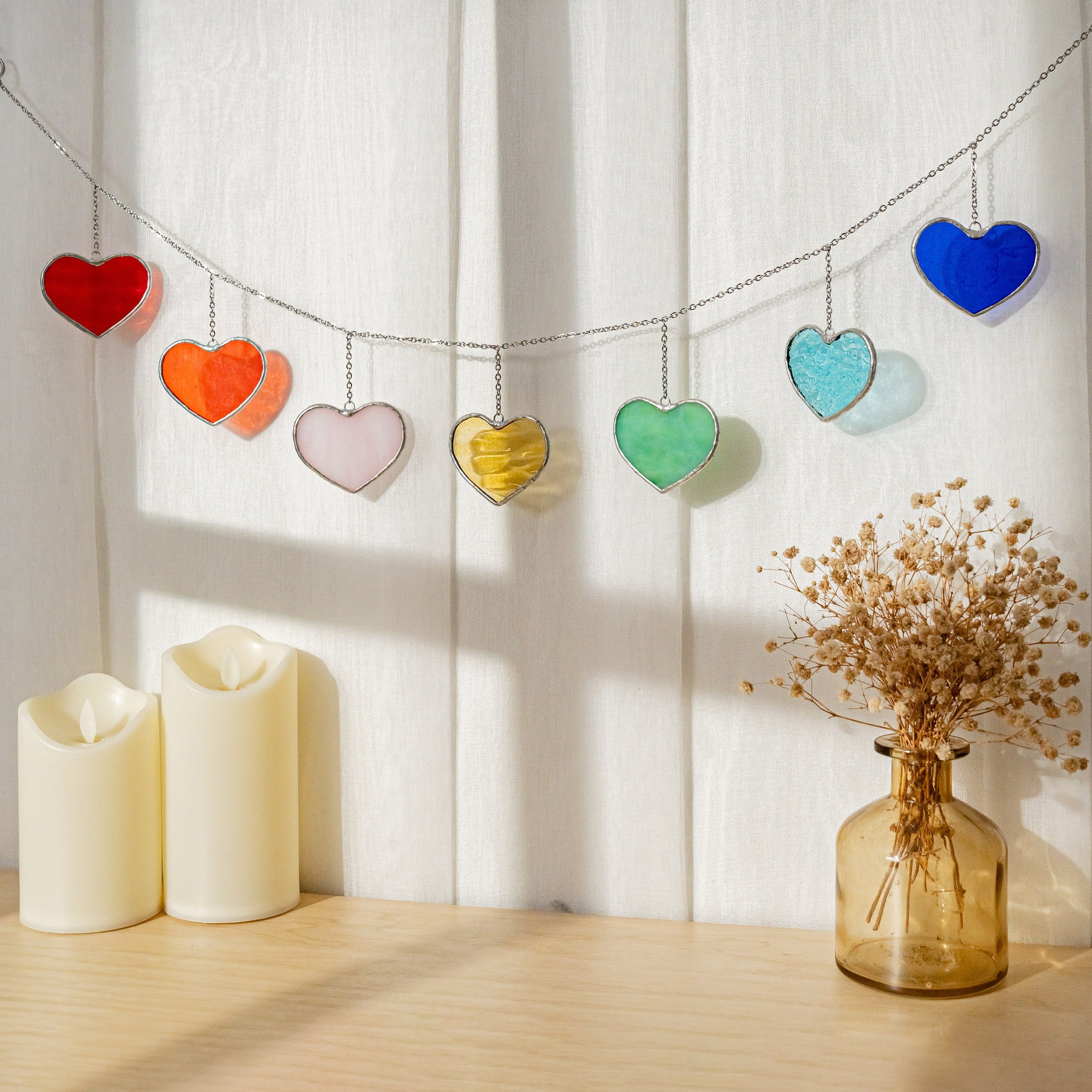 Stained Glass Valentine Heart Garland for Window and Home Decor