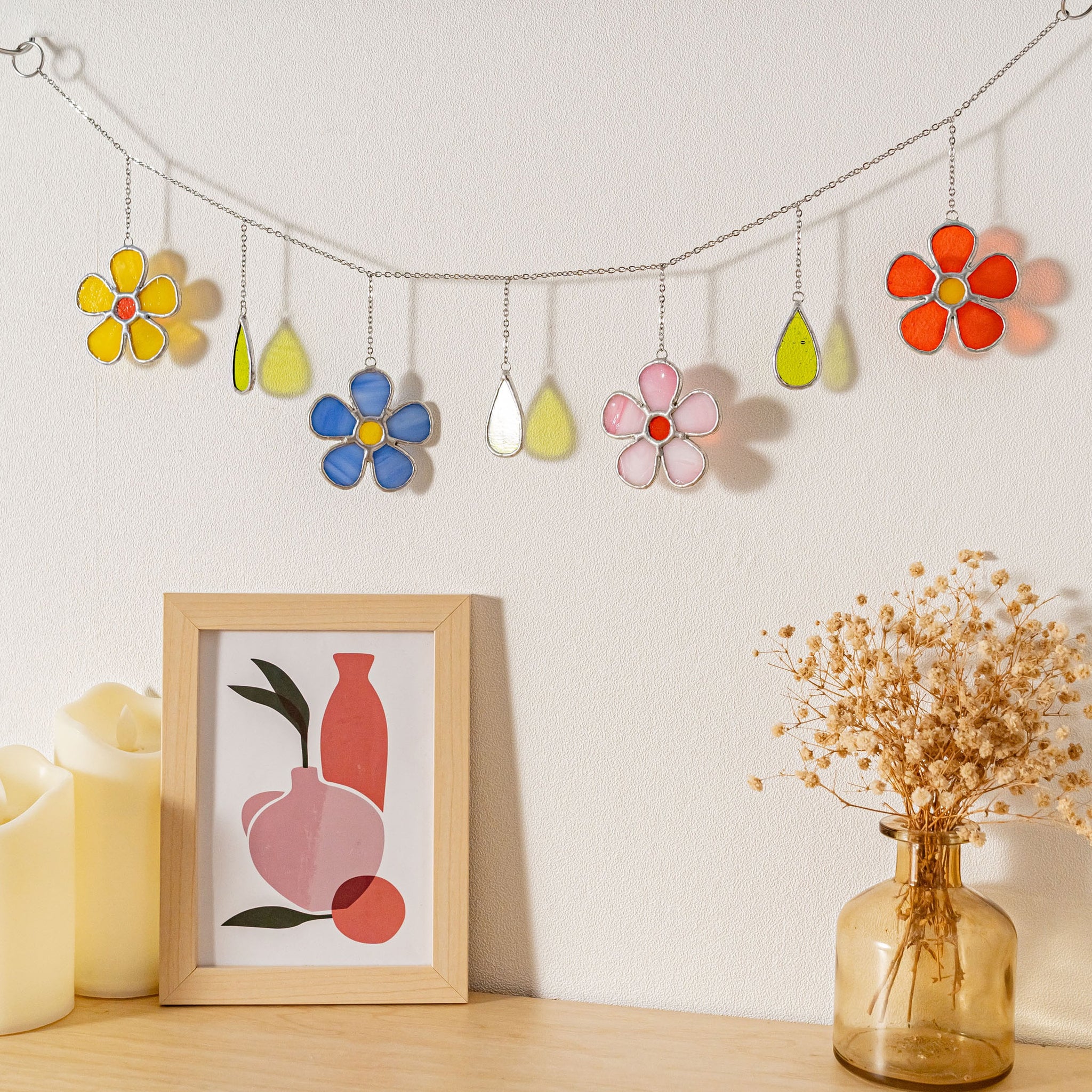 Stained Glass Flower Garland For Colorful Window Decor