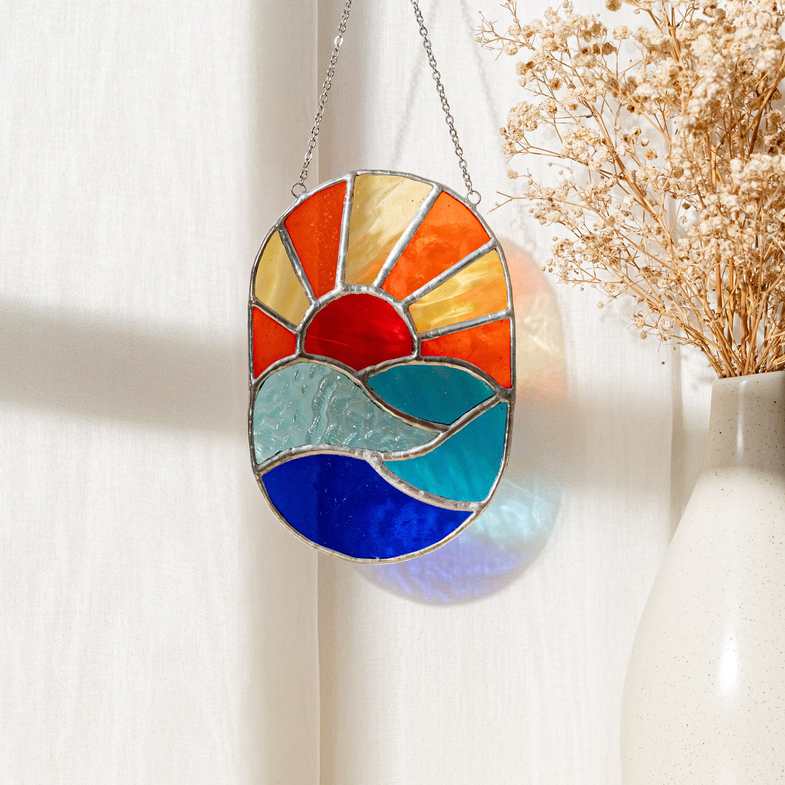 Stained Glass Sun Suncatcher Decorative Accent for Modern Boho Decor F94