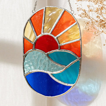 Stained Glass Sun Suncatcher Decorative Accent for Modern Boho Decor F94