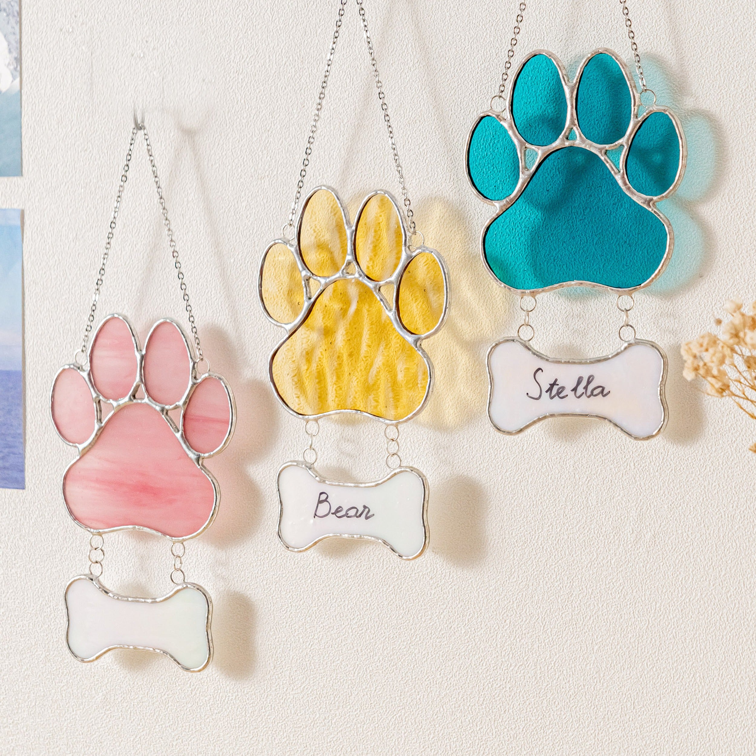 Stained Glass Pet Paw Suncatcher for Memorial pet keepsake, art Q19