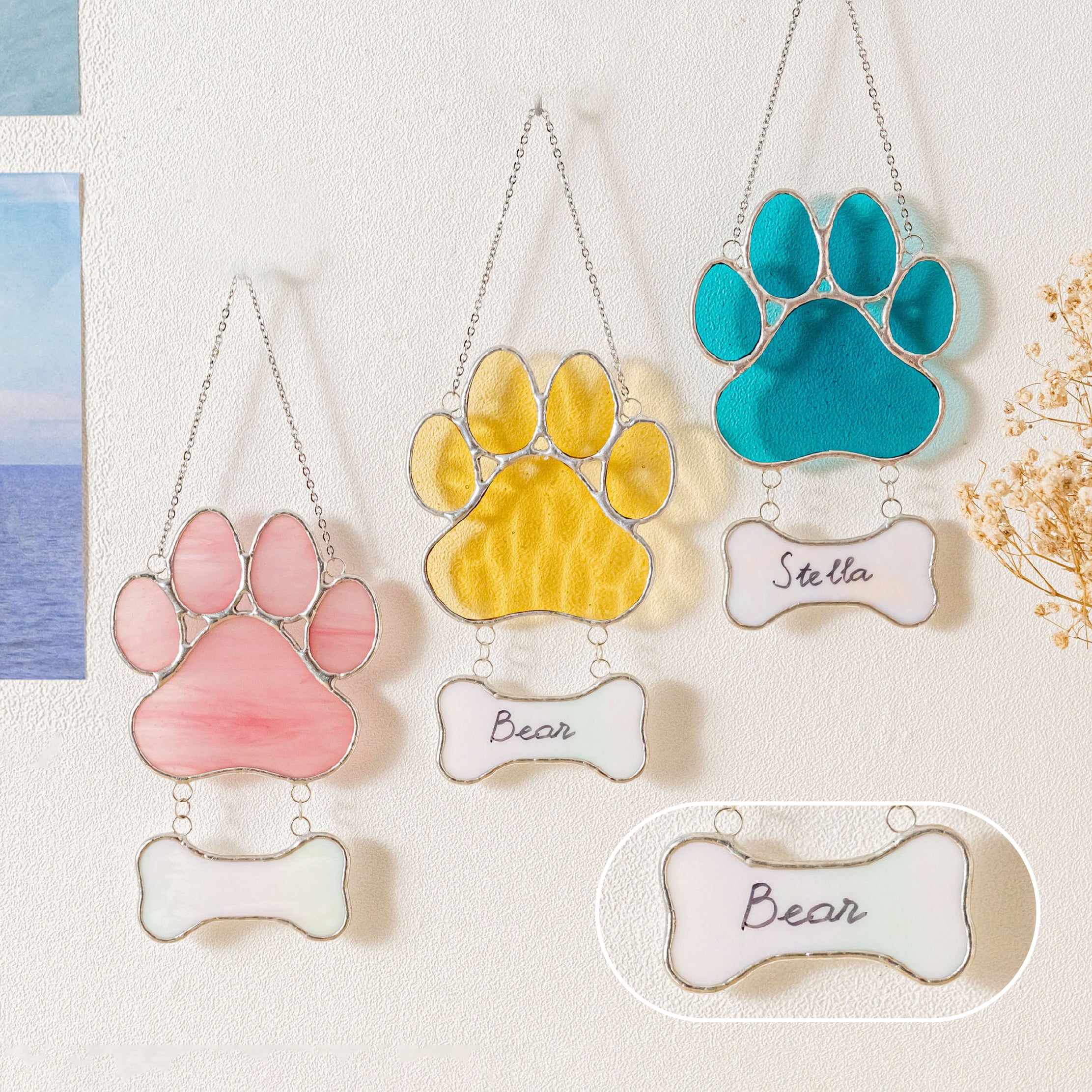 Stained Glass Pet Paw Suncatcher for Memorial pet keepsake, art Q19