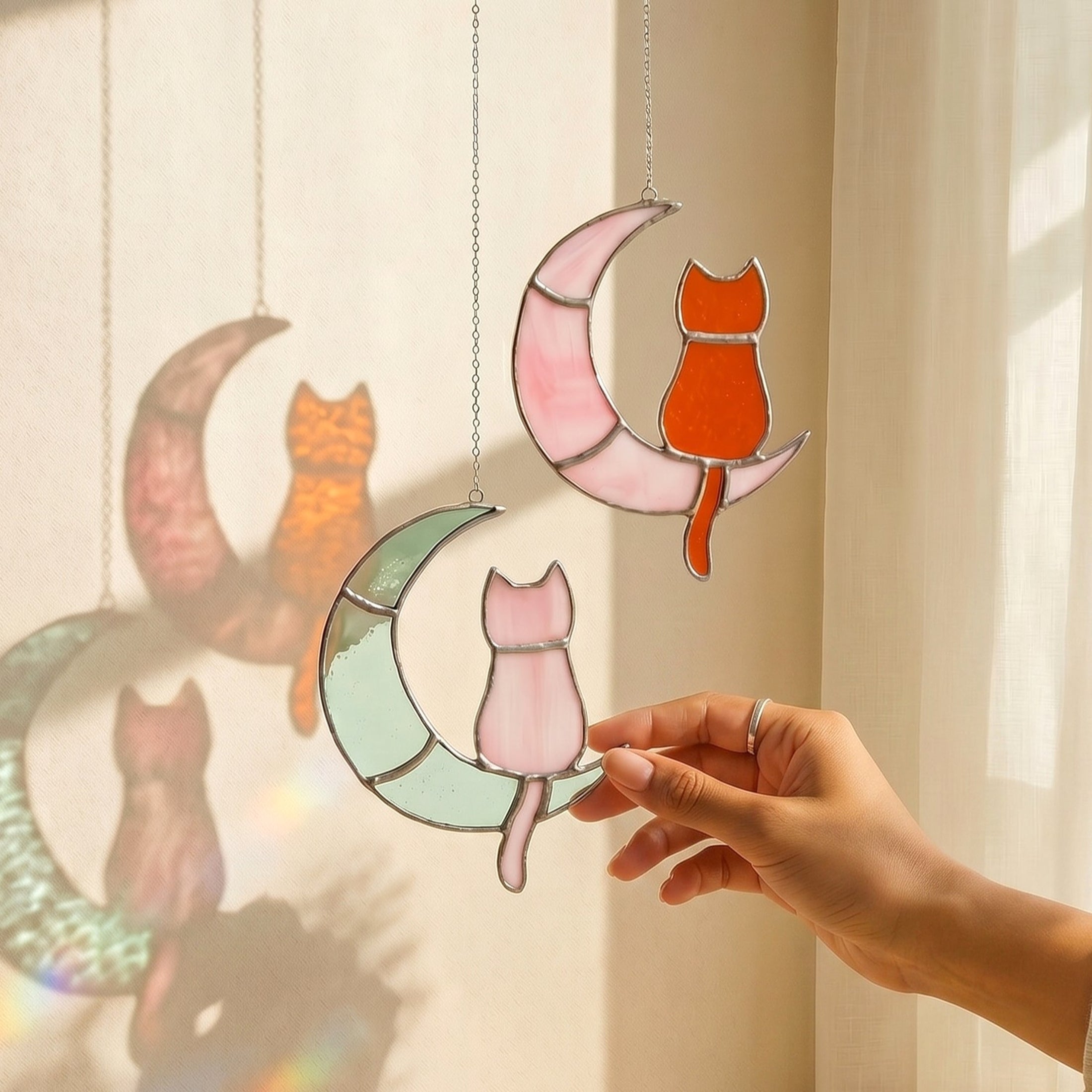 Stained Glass Cat on Crescent Moon decor and Window Stained Glass F13