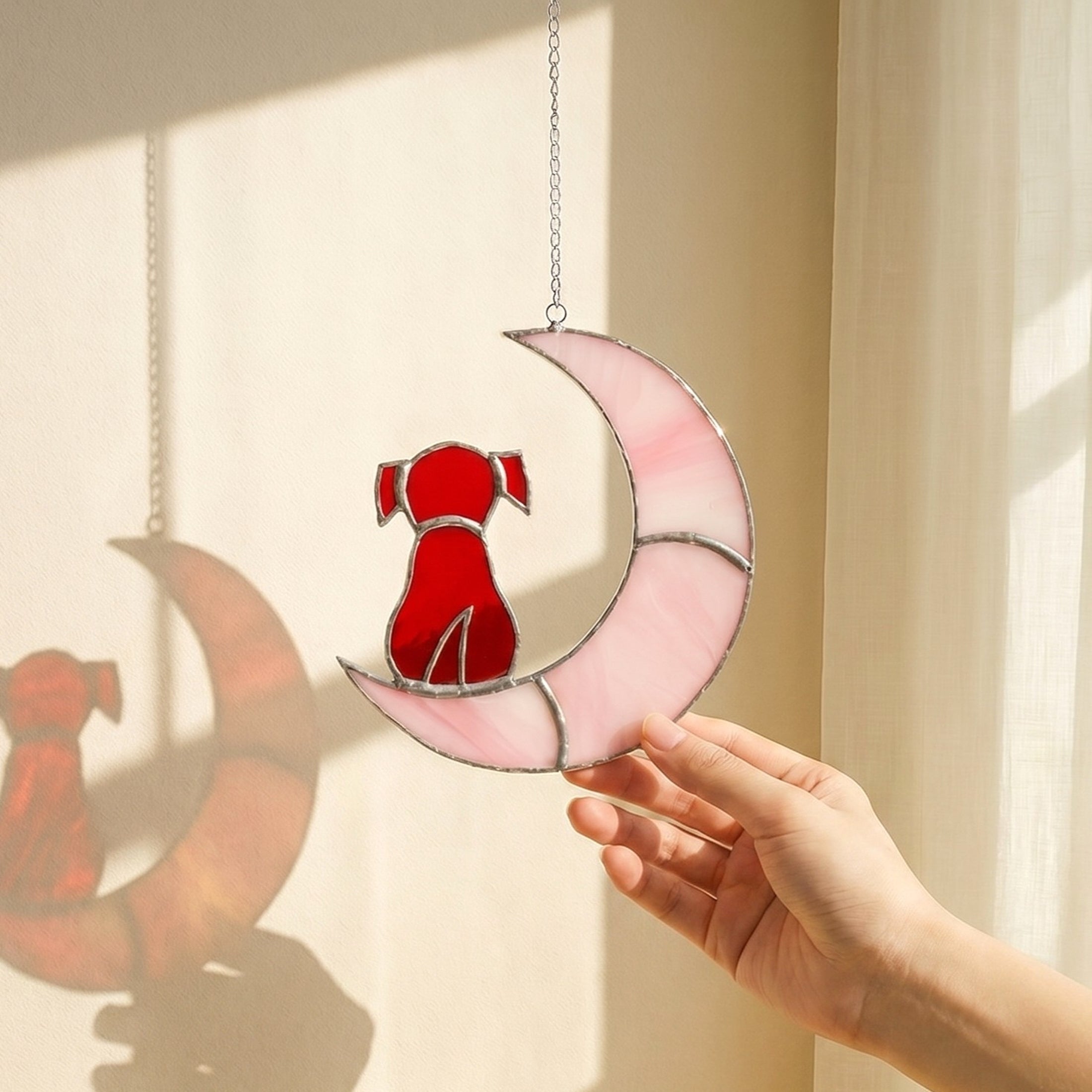 Stained Glass Dog on Crescent Moon Suncatcher glass for Custom Pet F21