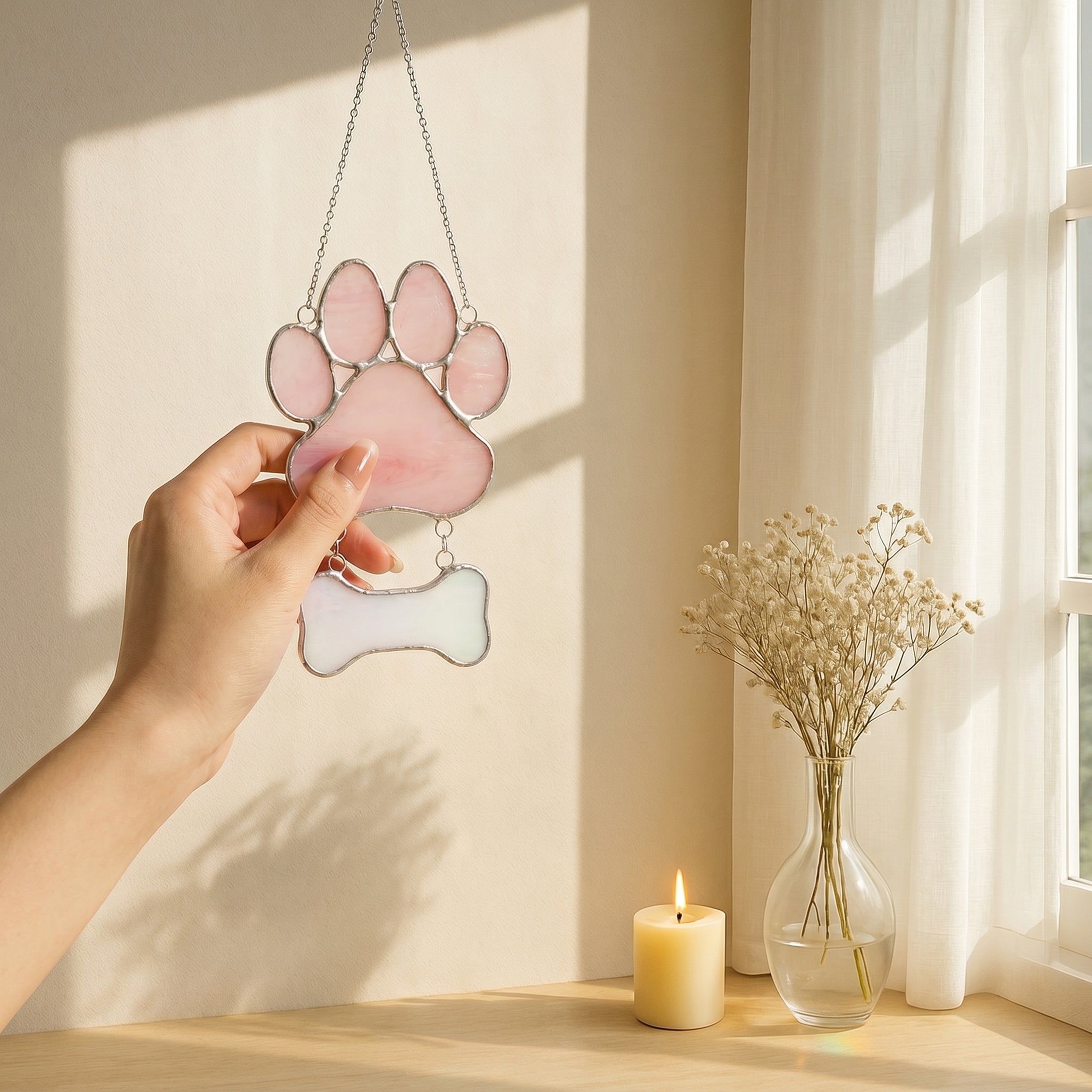 Stained Glass Pet Paw Suncatcher for Memorial pet keepsake, art Q19