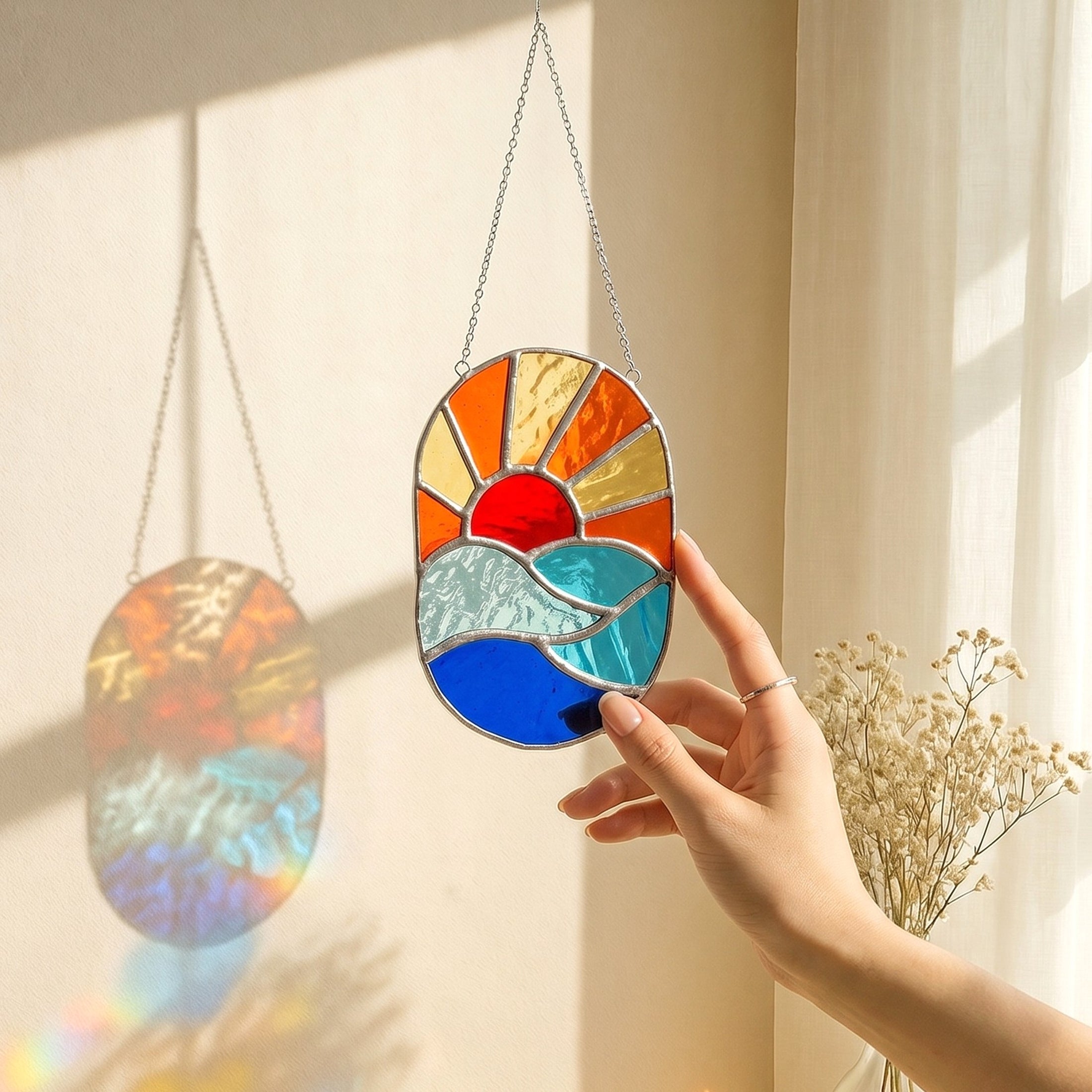 Stained Glass Sun Suncatcher Decorative Accent for Modern Boho Decor F94