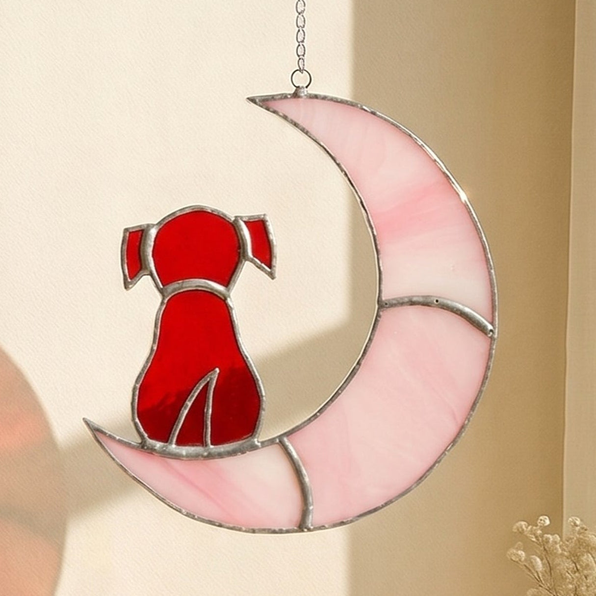 Stained Glass Dog on Crescent Moon Suncatcher glass for Custom Pet F21