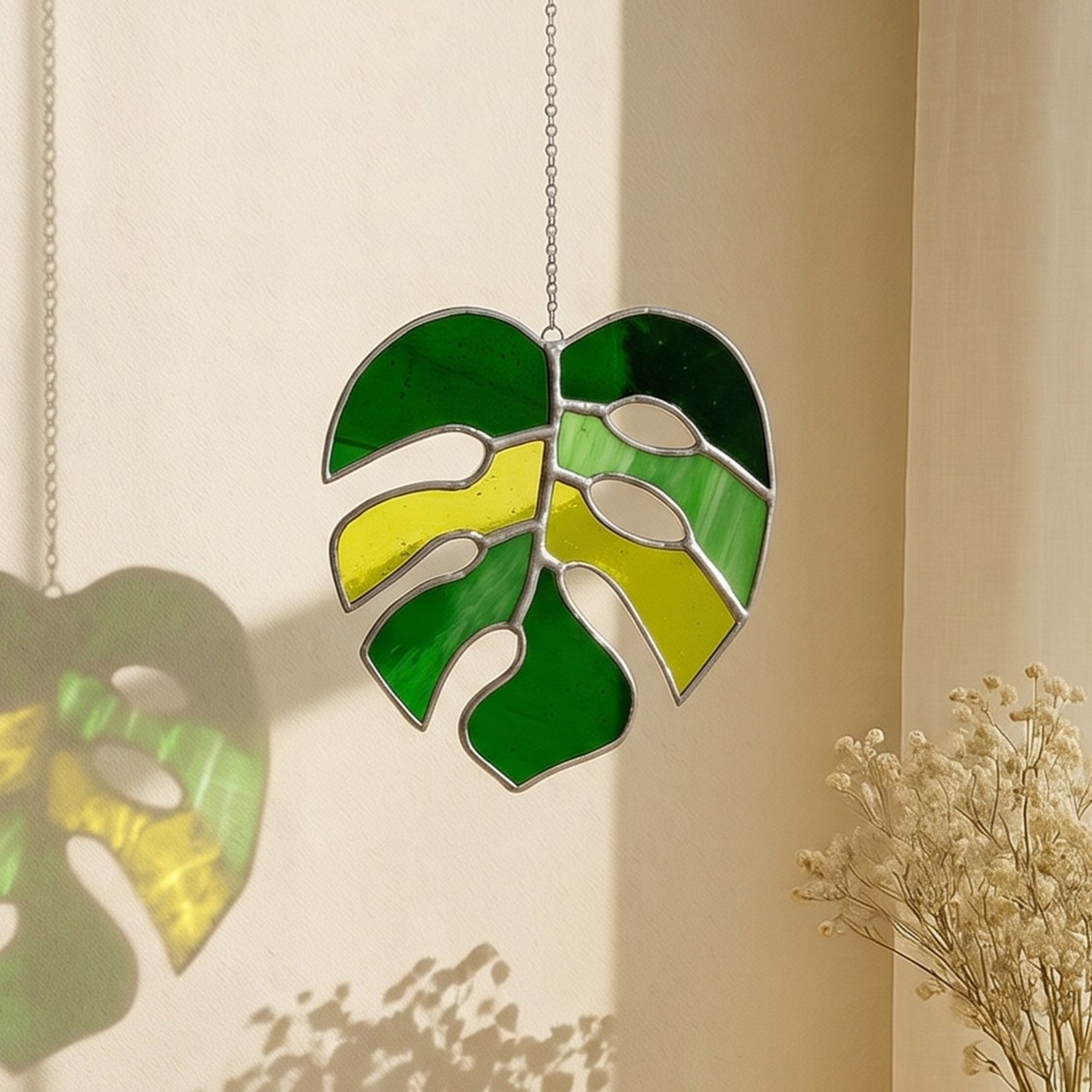 Monstera Leaf Stained Glass, Stained glass window hangings F56