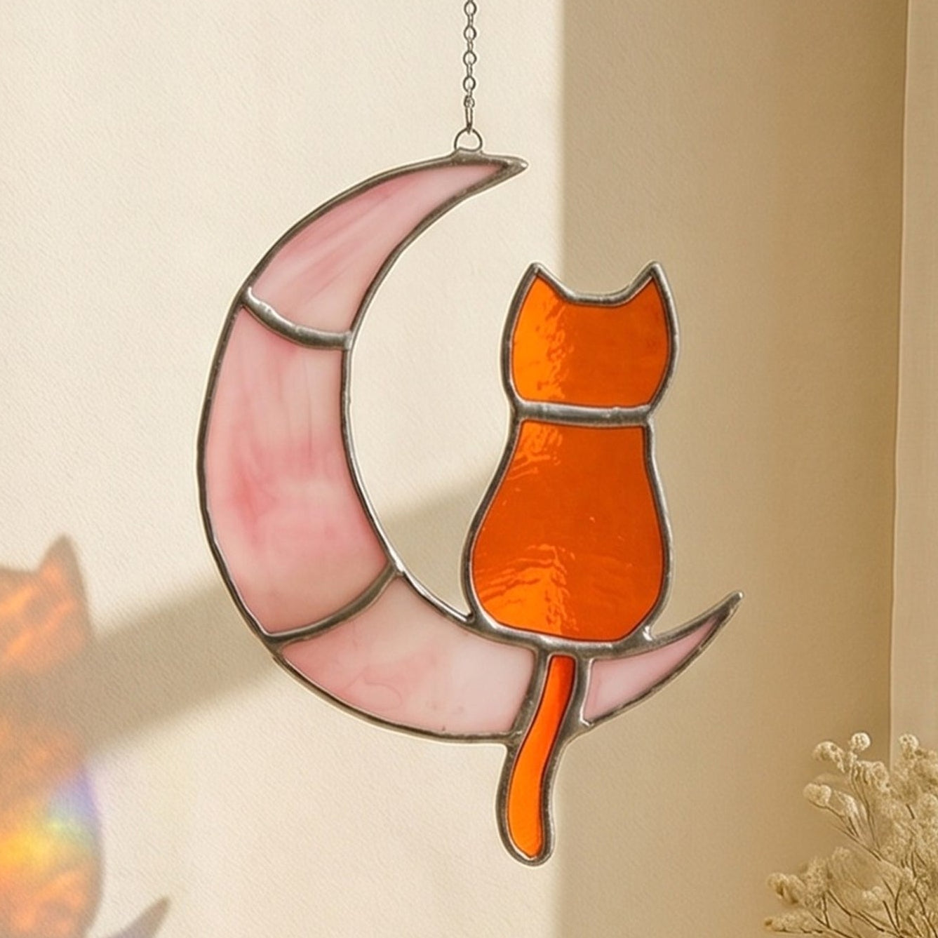 Stained Glass Cat on Crescent Moon decor and Window Stained Glass F13