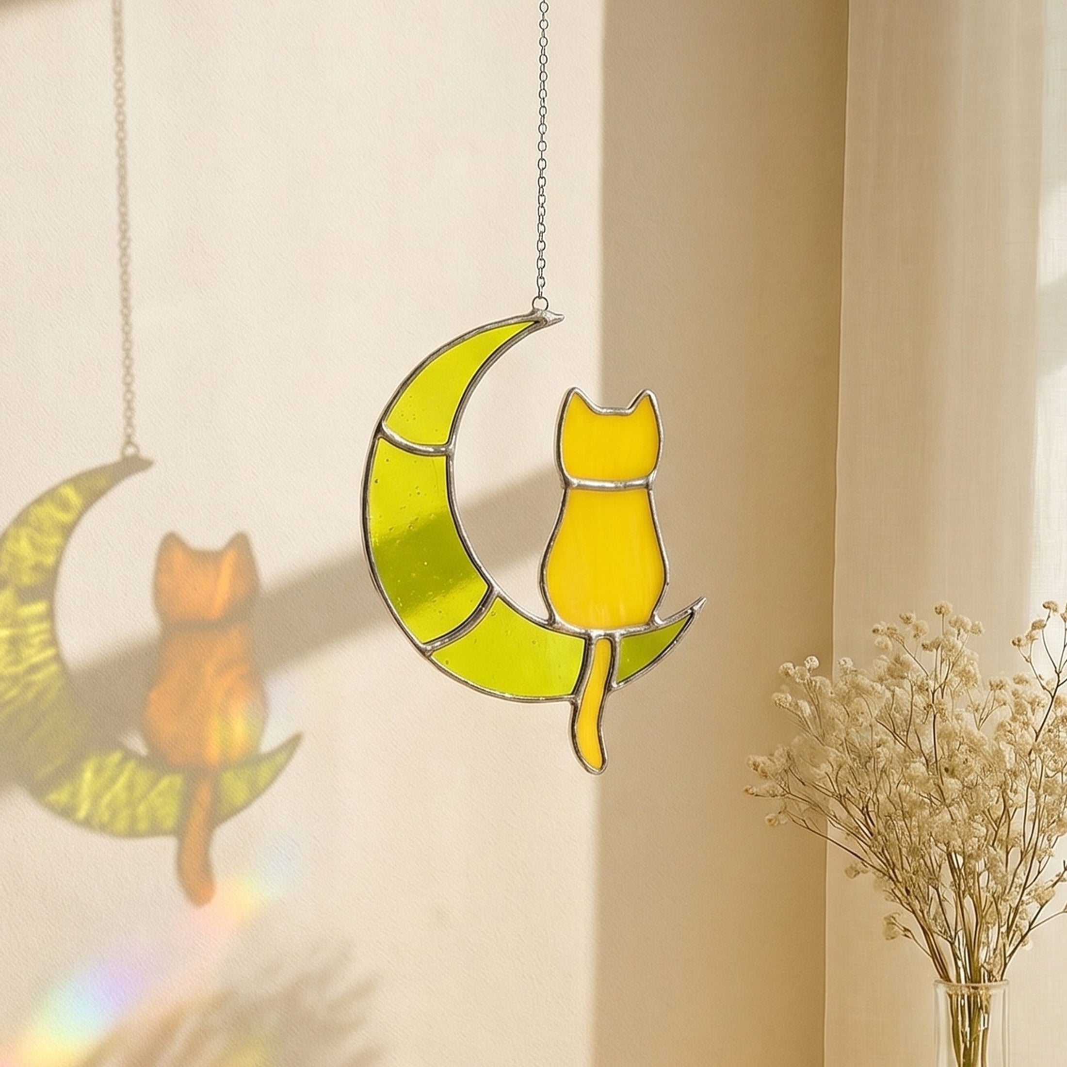 Stained Glass Cat on Crescent Moon decor and Window Stained Glass F13