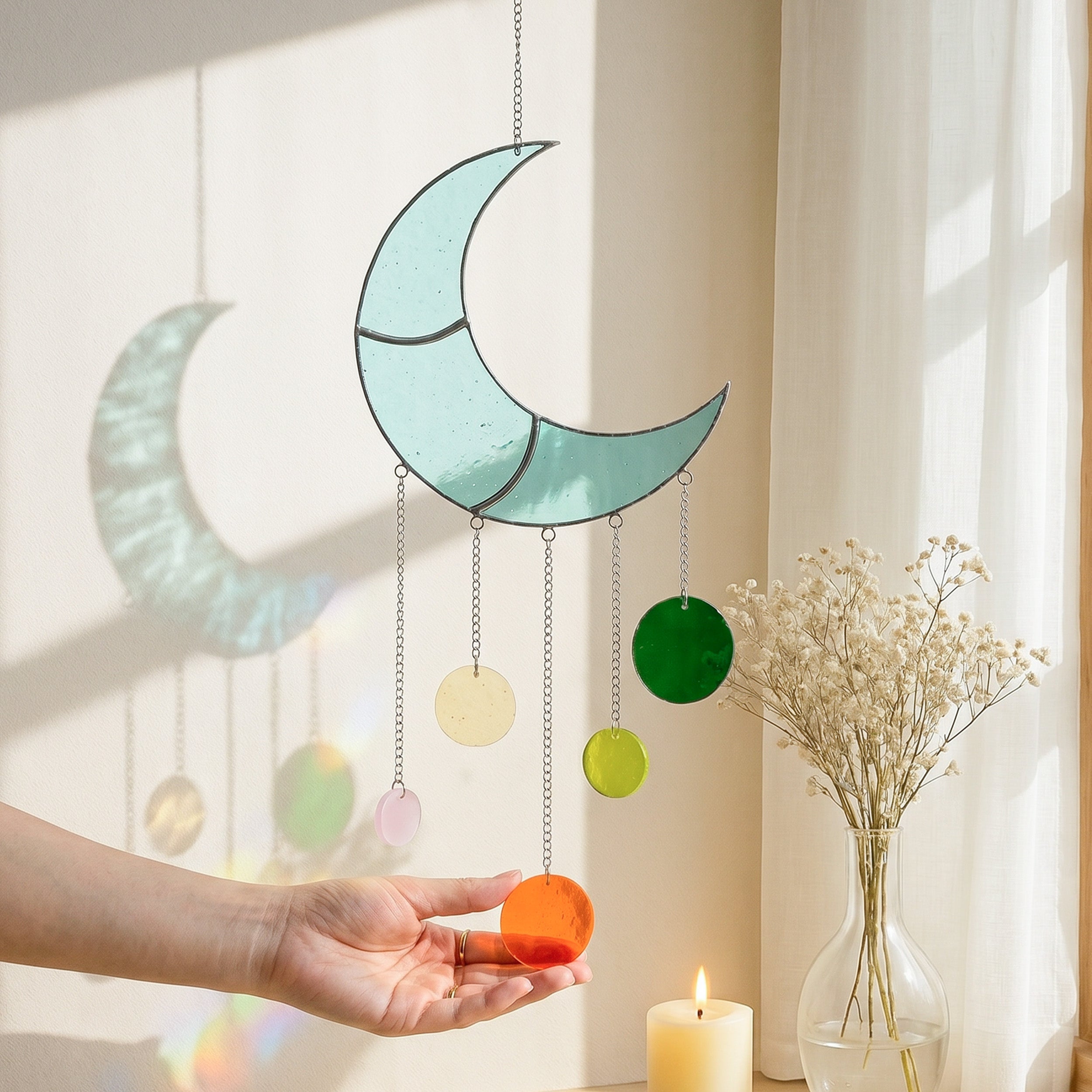 Stained Glass Moon Wind Chime, Boho wall decor and art F55