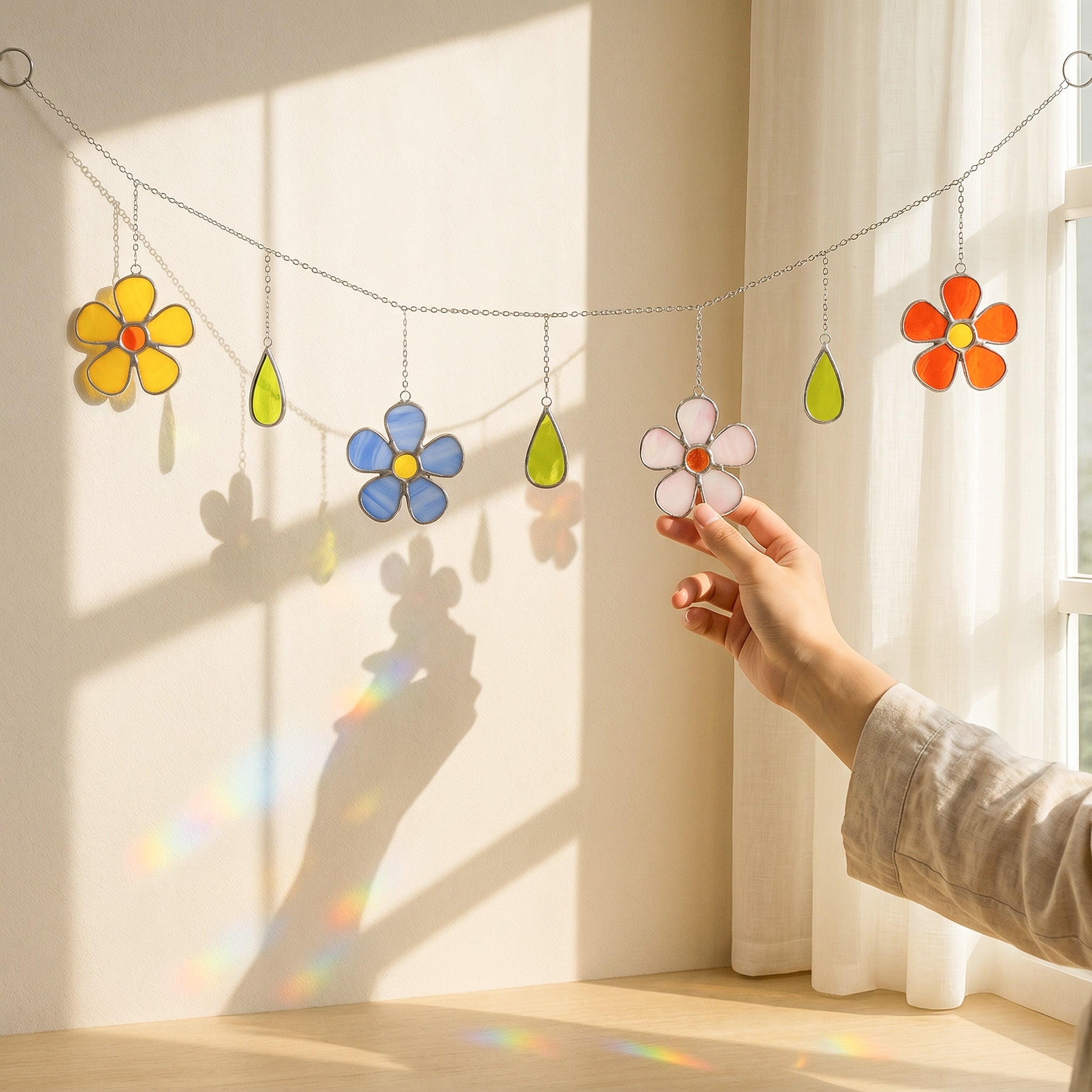 Stained Glass Flower Garland Decor and Boho Window Hanging F97