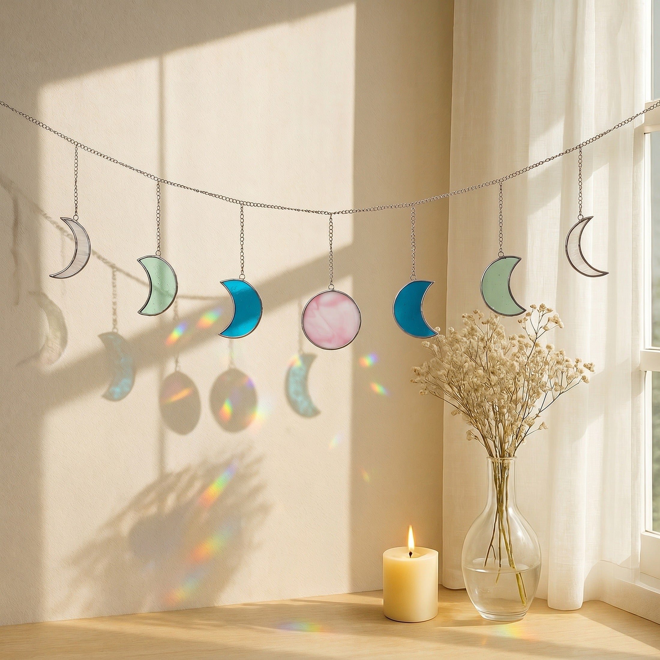 Stained Glass Moon Phase Garland, Moon phase wall hanging F59