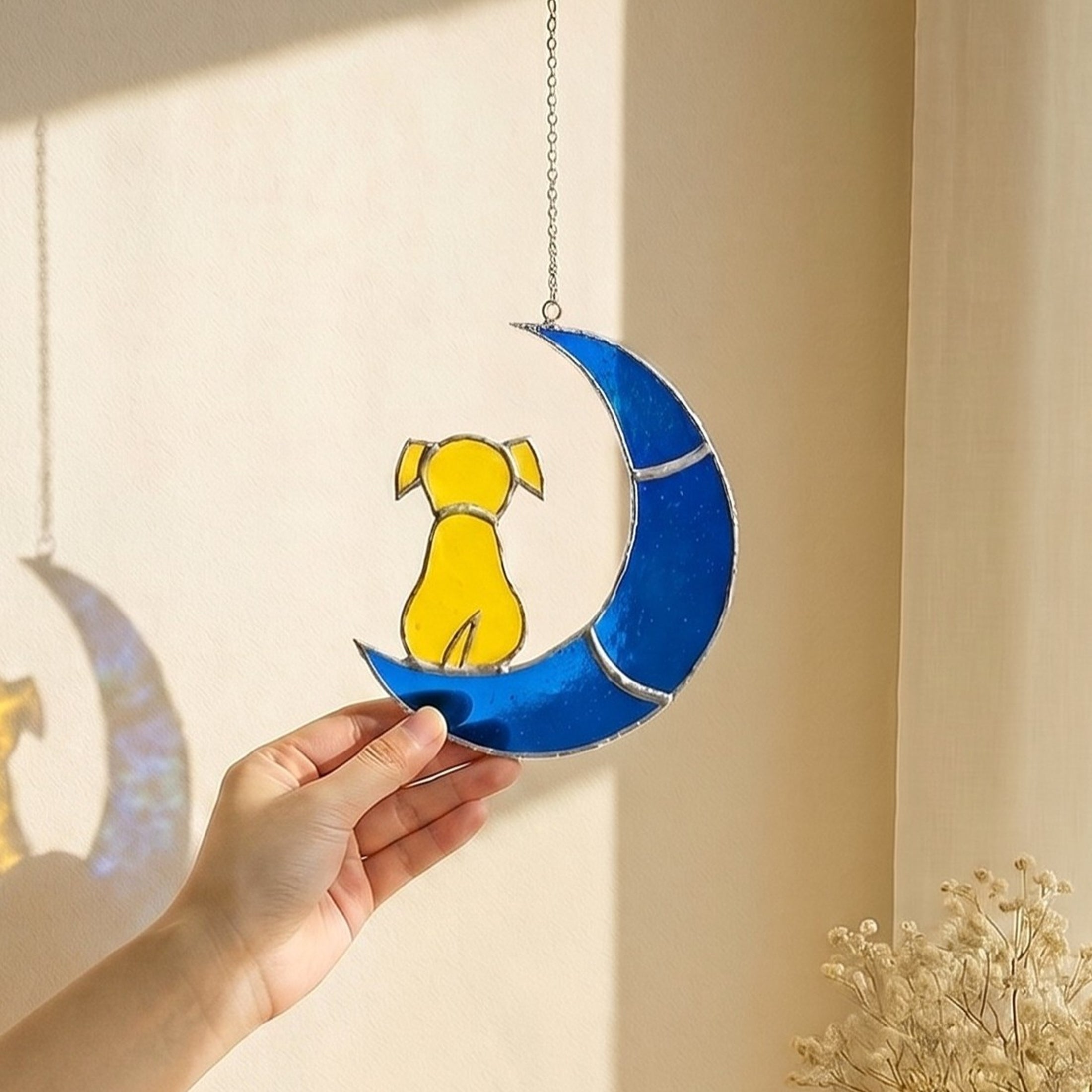 Stained Glass Dog on Crescent Moon Suncatcher glass for Custom Pet F21