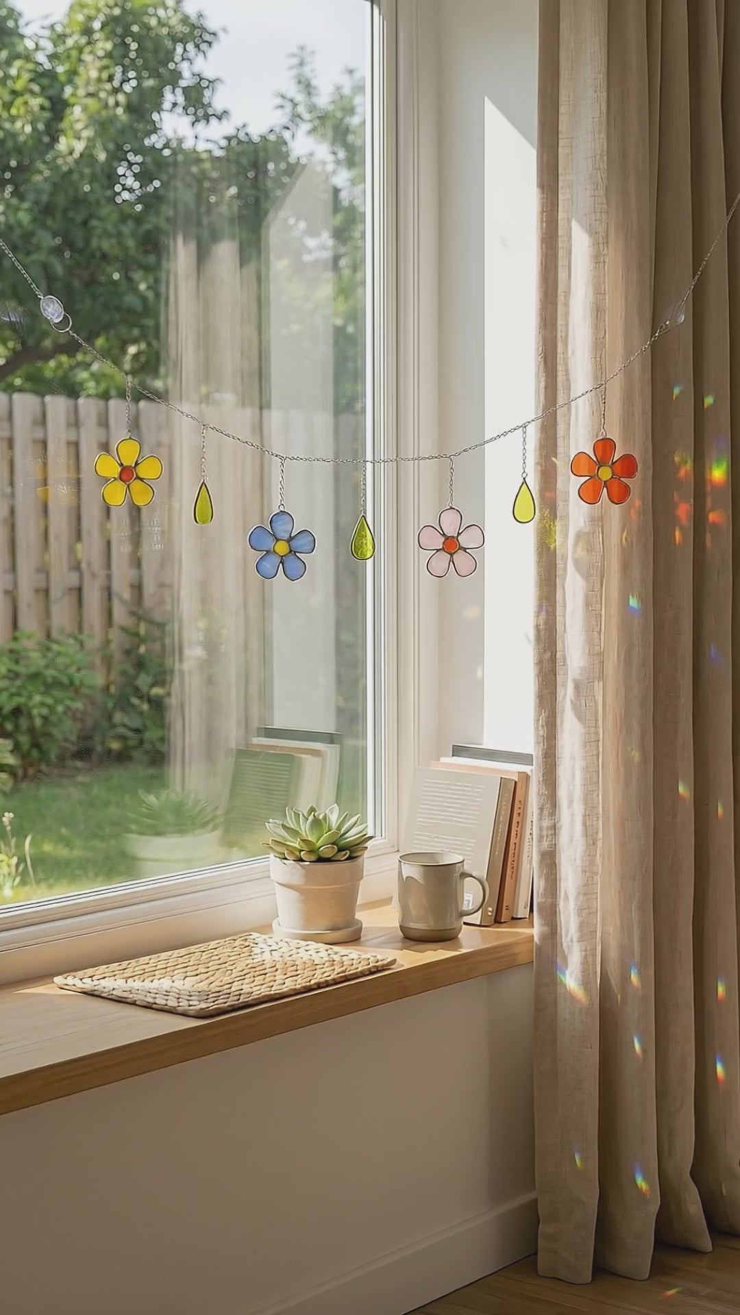 Stained Glass Flower Garland Decor and Boho Window Hanging F97