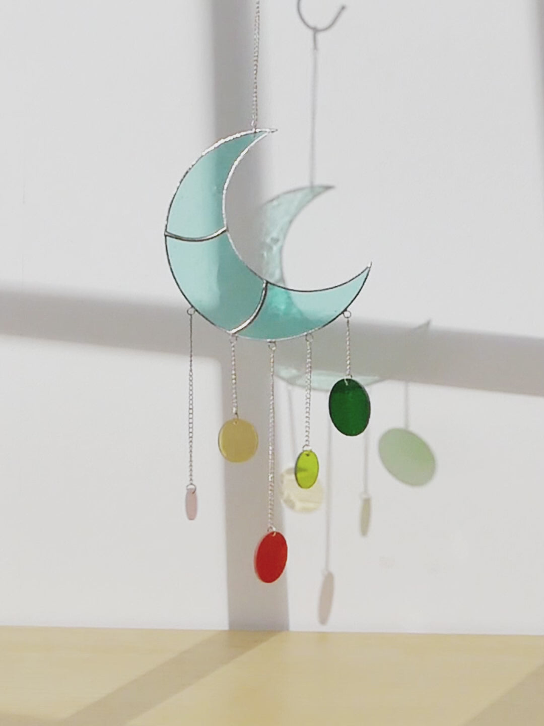 Stained Glass Moon Wind Chime, Boho wall decor and art F55