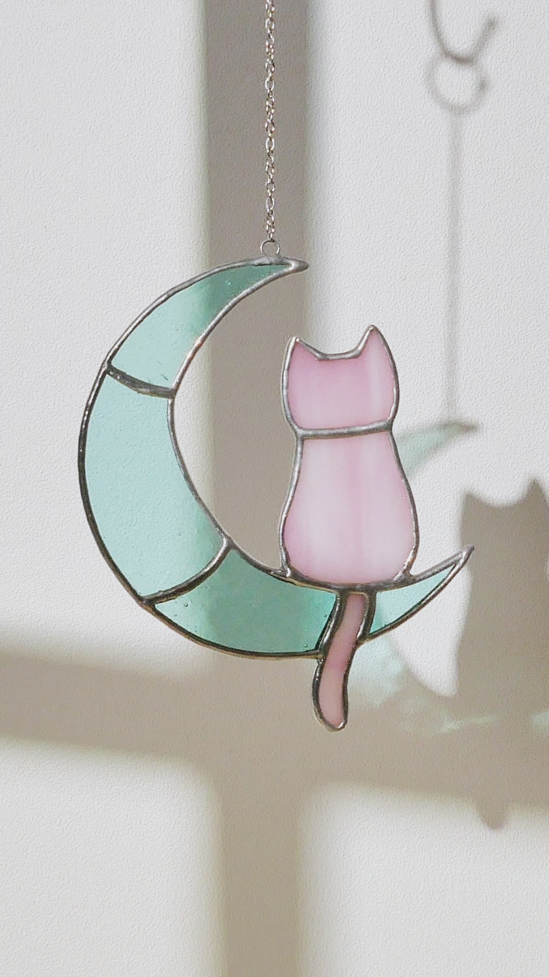 Stained Glass Cat on Crescent Moon decor and Window Stained Glass F13